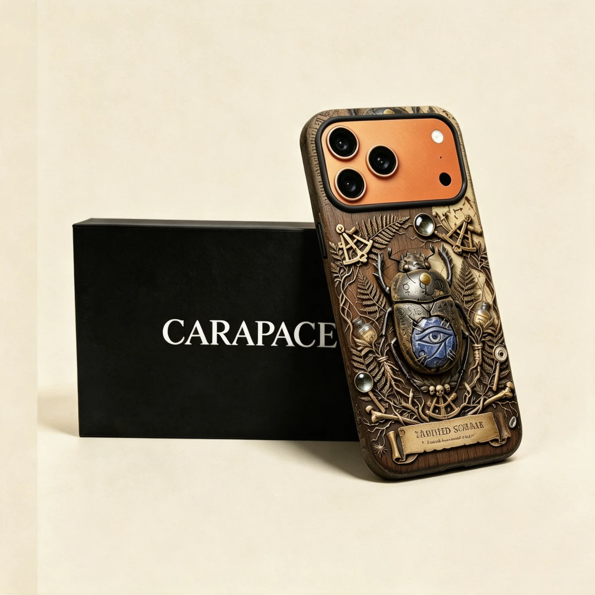 The Scarabaeus Specimen — Sacred Scarab & Lapis Relic Enclosure for iPhone 17 Pro Max