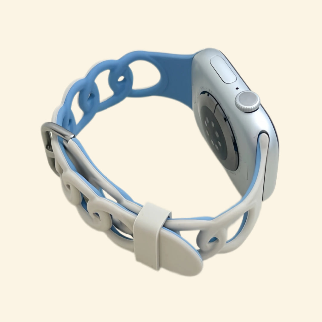 Sand Grey & Slate Blue Cutout Chain Link Band — rear sensor view on Apple Watch