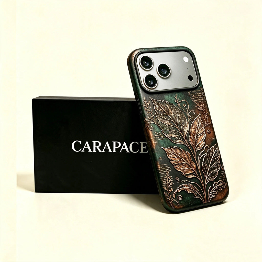 The Foliage Specimen — Emerald Codex & Gilded Leaf Enclosure for iPhone 17 Pro Max