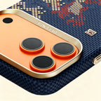 Specimen No. 10548 Navy Steed Aramid iPhone Case — gold camera bezel close-up