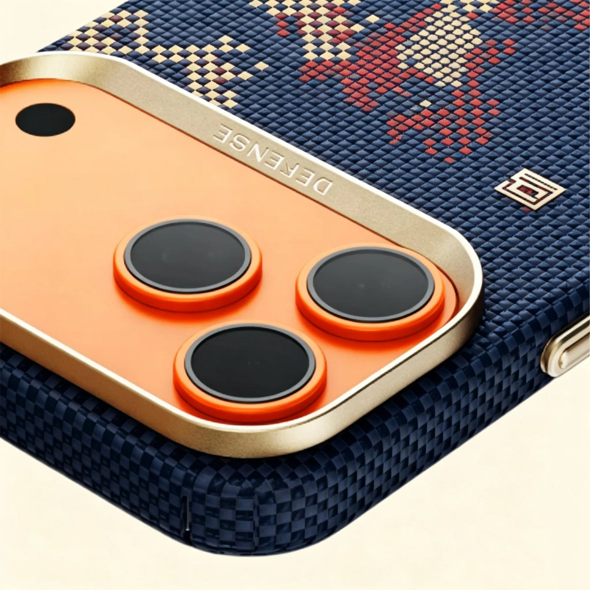 Specimen No. 10548 Navy Steed Aramid iPhone Case — gold camera bezel close-up