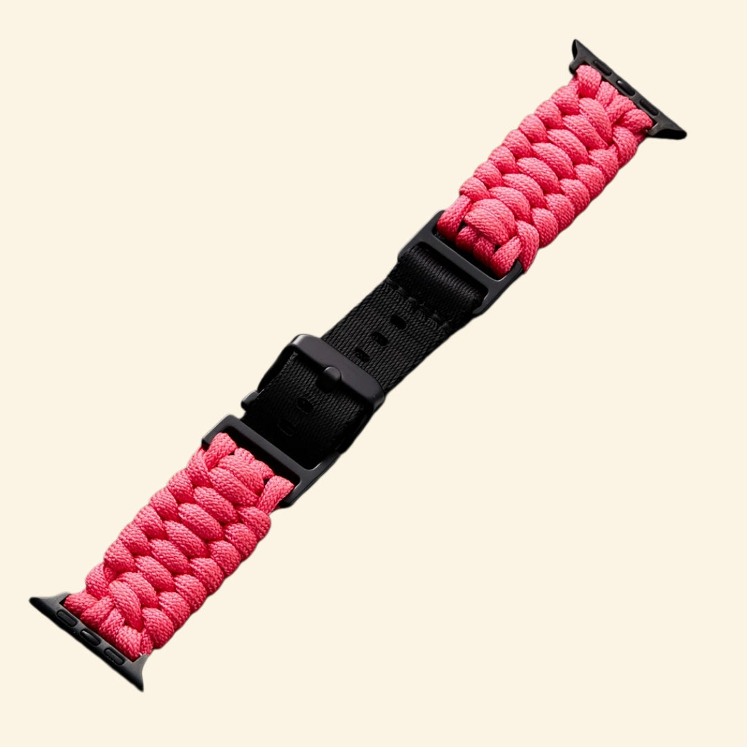 Rose Paracord Braided Apple Watch Band — front-facing view on watch with full braid texture, Specimen No. 9909