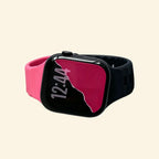 Cyber Dual-Tone Apple Watch Band — angled wrist view showing pink and black contrast