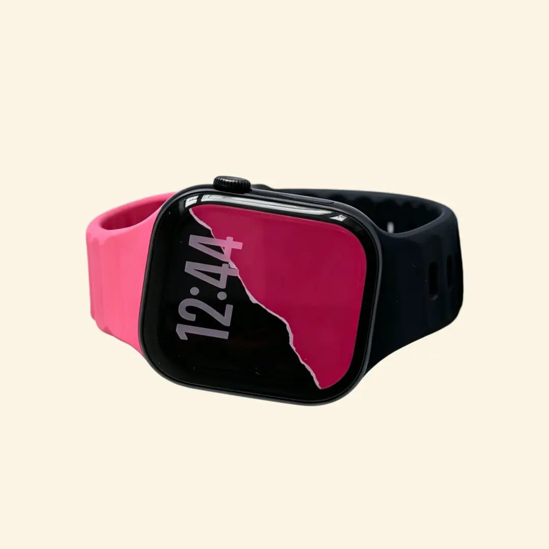 Cyber Dual-Tone Apple Watch Band — angled wrist view showing pink and black contrast
