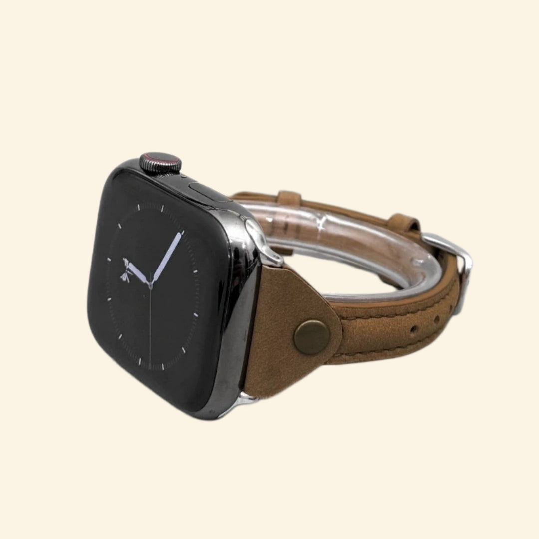 Amber Brown Leather Band — rear sensor view with tang buckle on Apple Watch