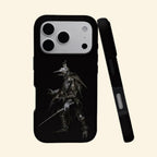 The Crow Hunter case – angled top floating view showing plague doctor hunter with rapier on matte black
