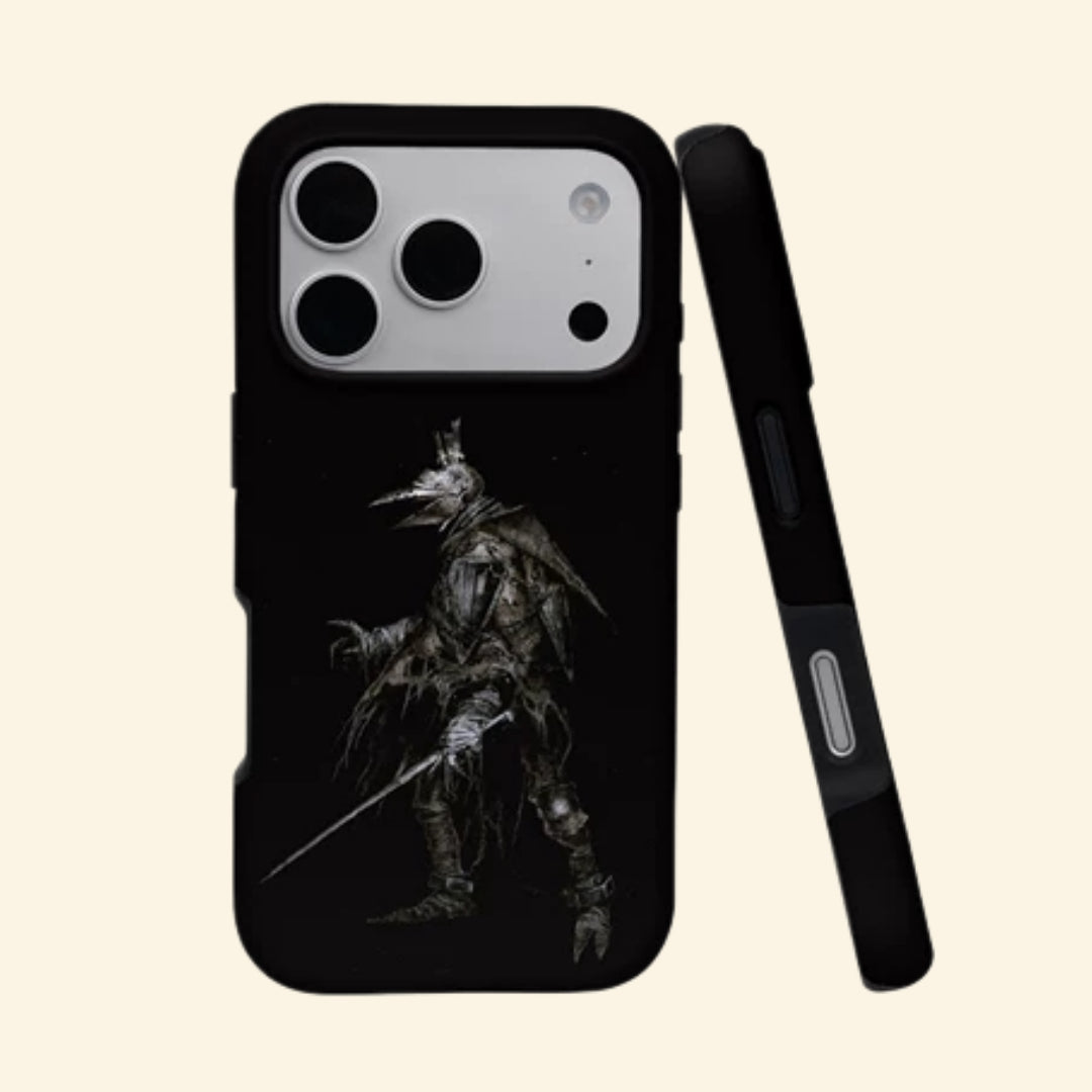 The Crow Hunter case – angled top floating view showing plague doctor hunter with rapier on matte black