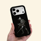 The Crow Hunter case – front flat lay with side profile showing full beaked hunter figure and dual-layer shell