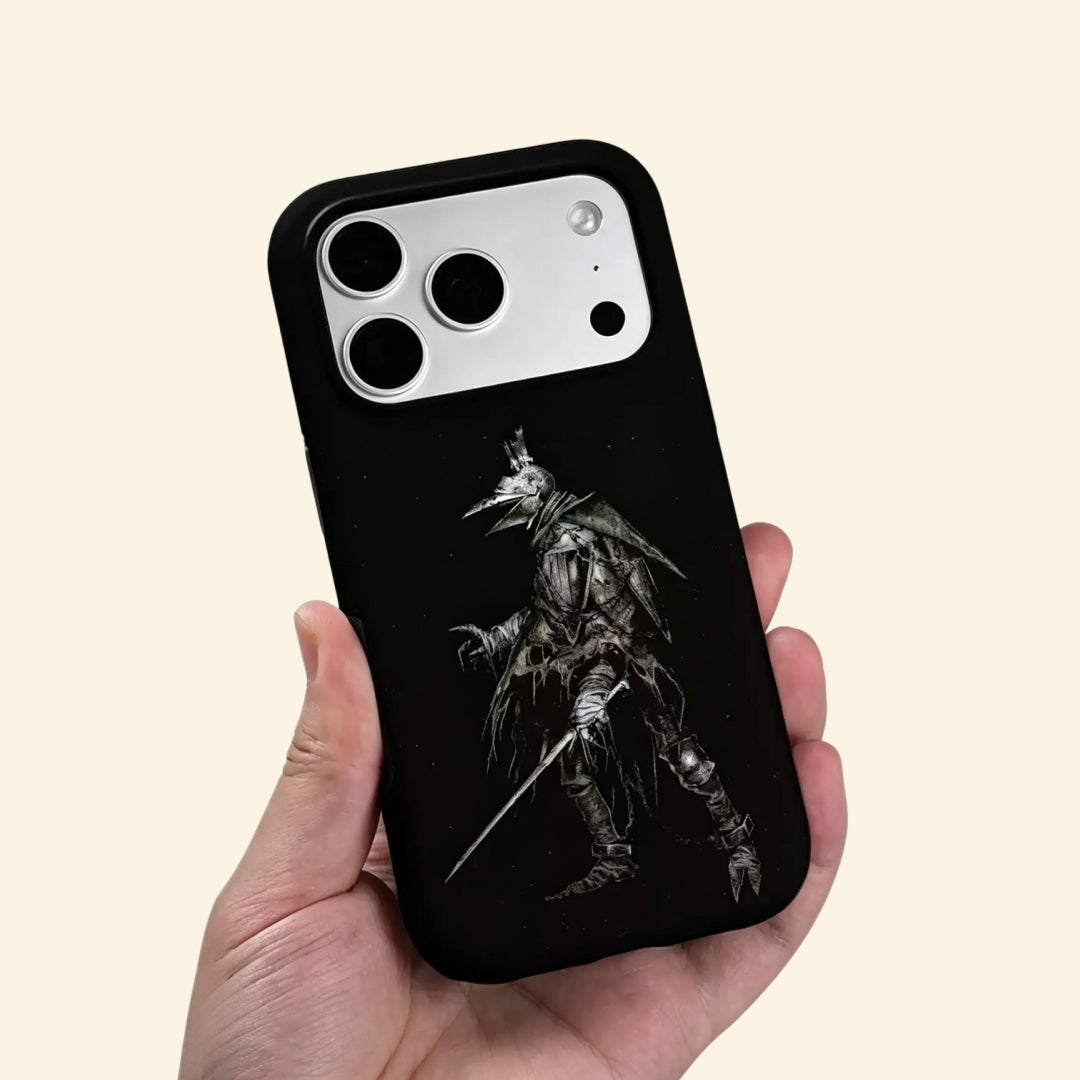 The Crow Hunter case – front flat lay with side profile showing full beaked hunter figure and dual-layer shell
