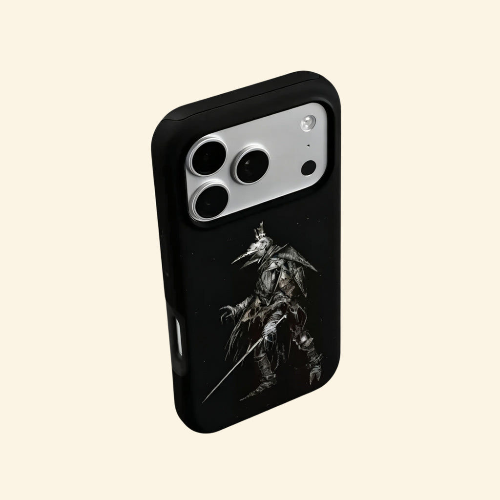 The Crow Hunter case – hand-held lifestyle shot showing full gothic plague doctor and rapier artwork