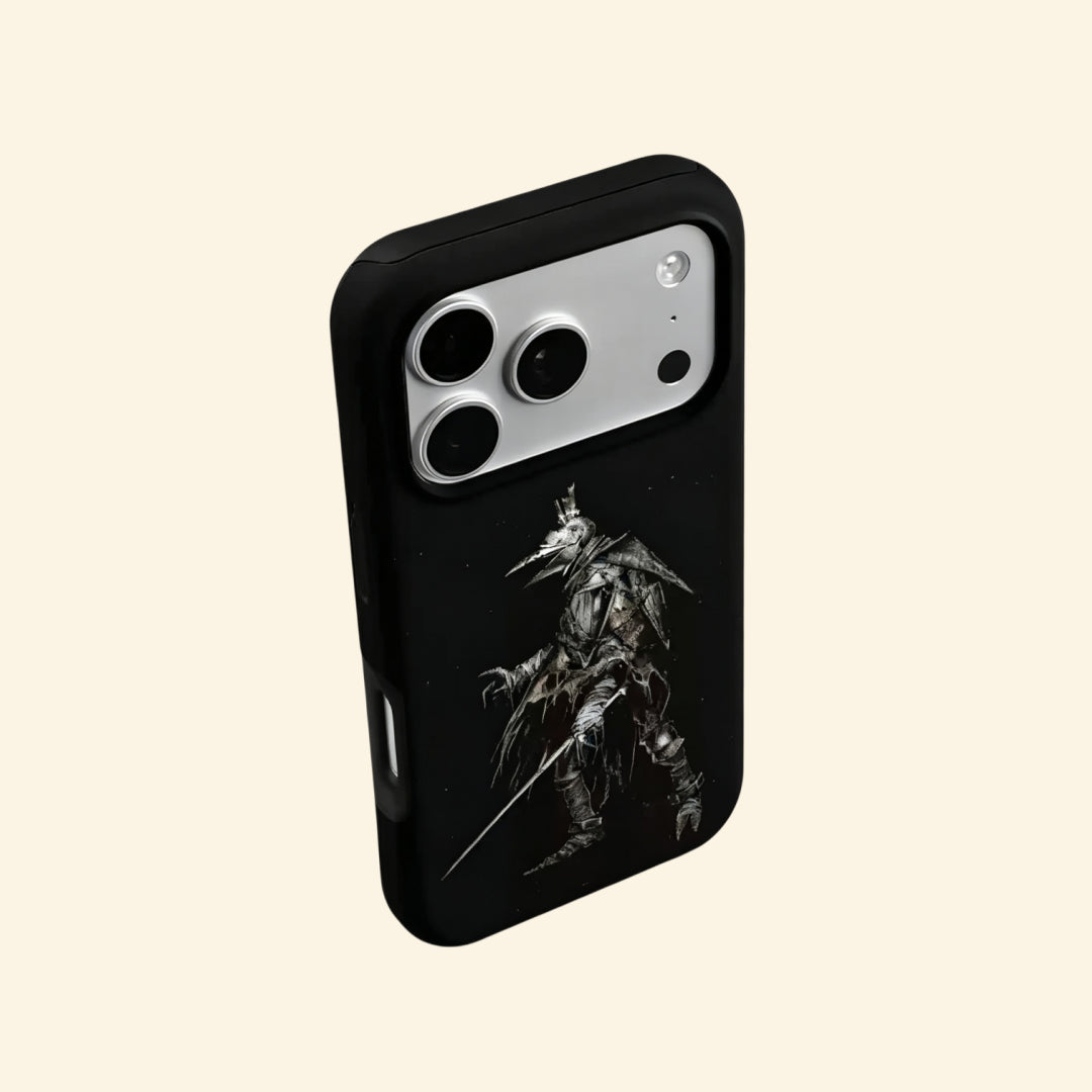 The Crow Hunter case – hand-held lifestyle shot showing full gothic plague doctor and rapier artwork