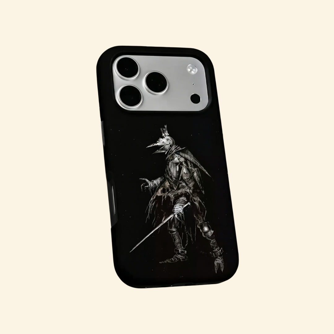 The Crow Hunter case – angled floating side view showing tattered cloak and raven beak mask detail