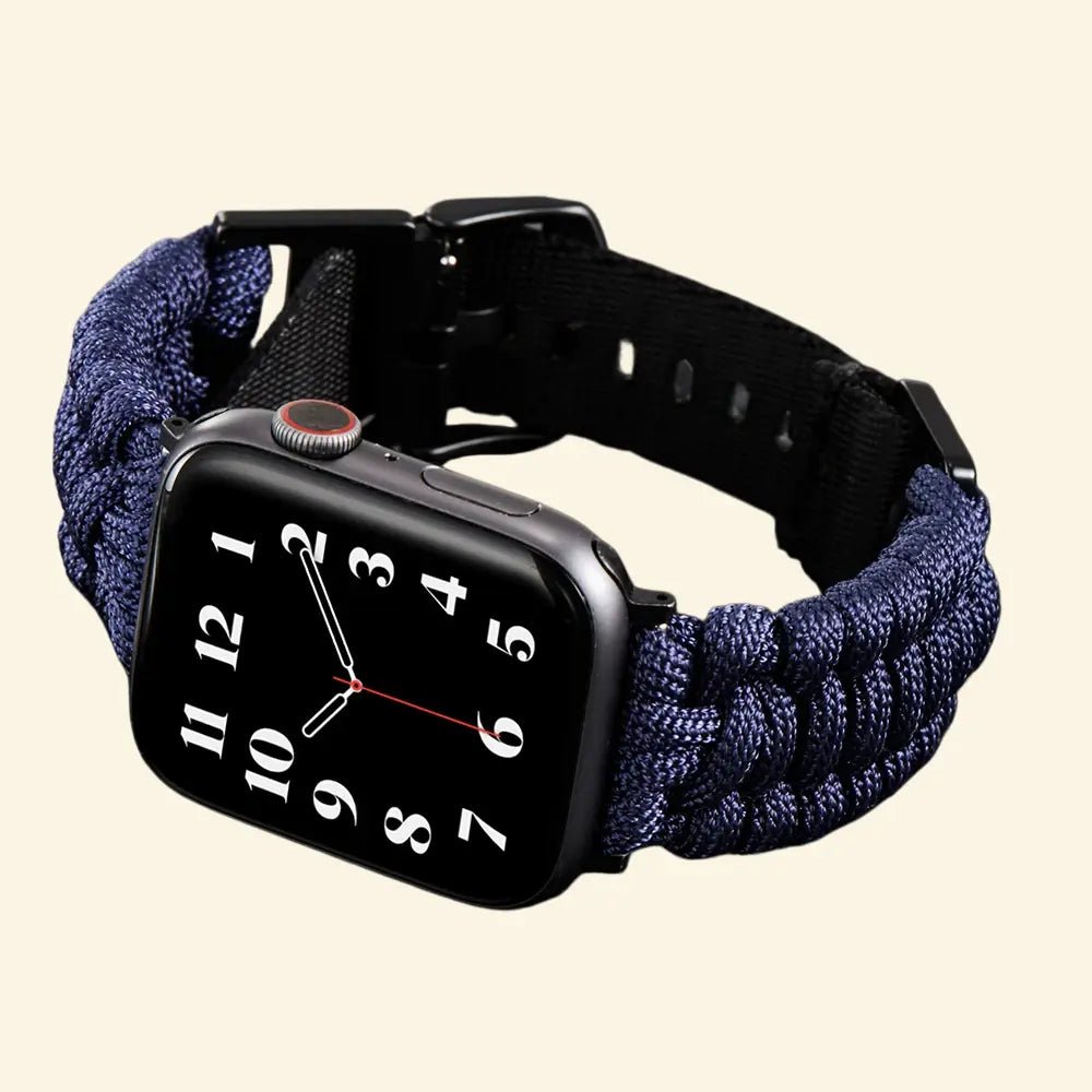 Navy Blue Paracord Braided Band for Apple Watch - Carapace StudioWatch BandCarapace StudioCarapace StudioApple Watch Ultra 3 (49mm)Navy Blue Paracord Braided Band — flat lay with Apple Watch and size variants top view