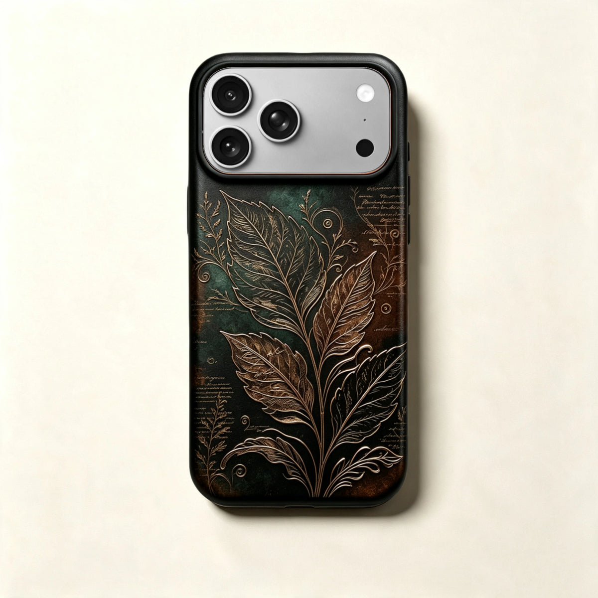 The Foliage Specimen — Emerald Codex & Gilded Leaf Enclosure for iPhone 17 Pro Max