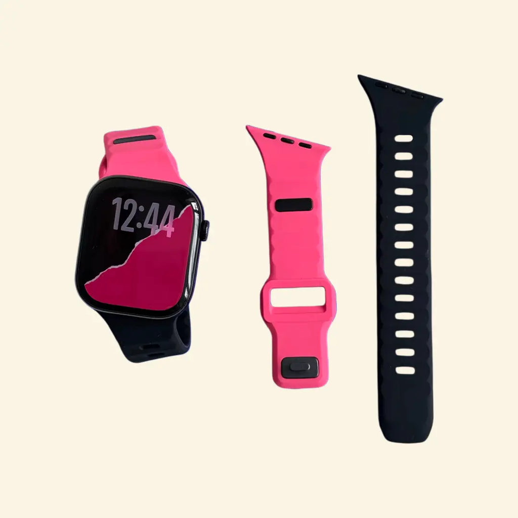 Cyber Dual-Tone Apple Watch Band — flat lay with watch and pink/black band components