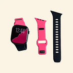 Cyber Dual-Tone Apple Watch Band — flat lay with watch and pink/black band components
