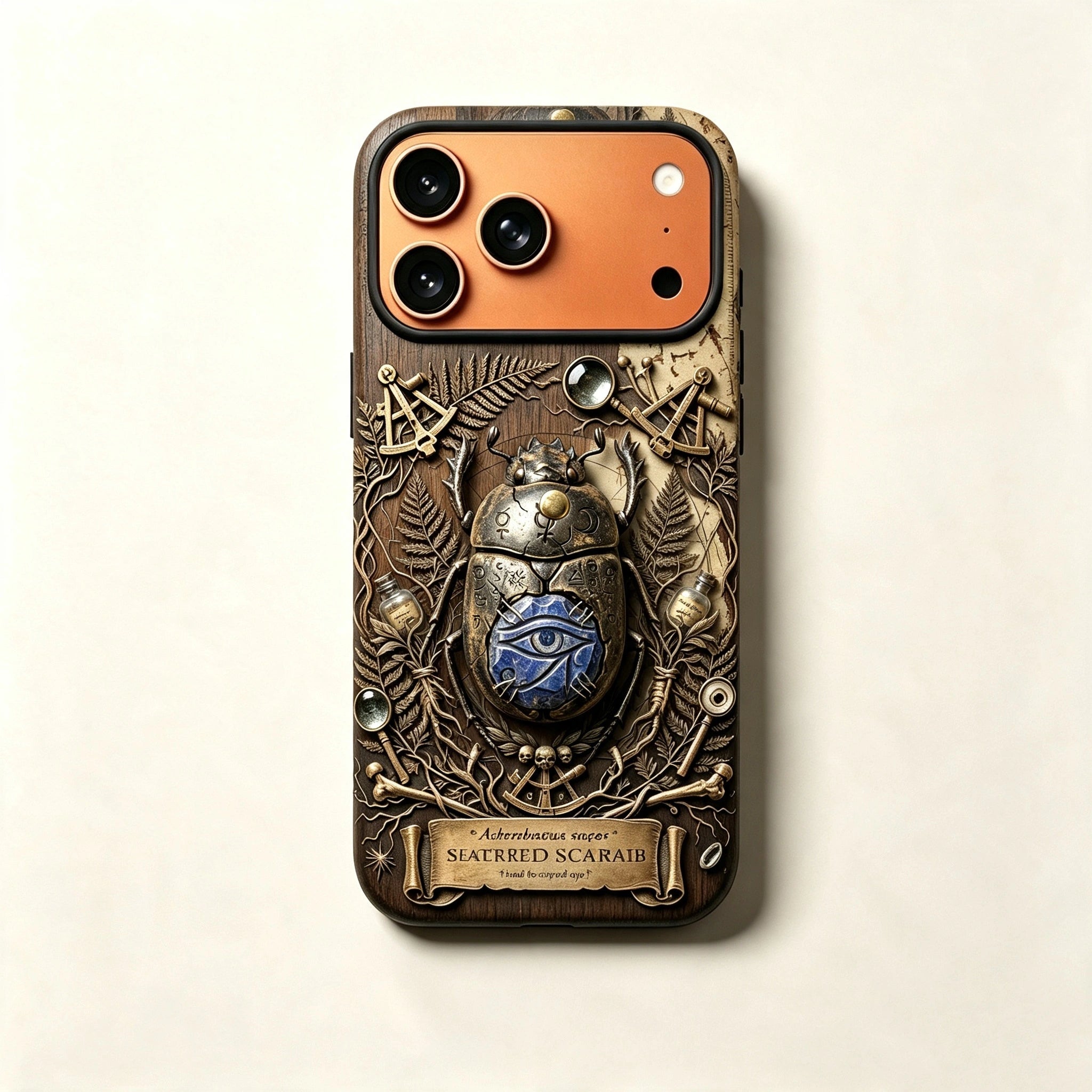 The Scarabaeus Specimen — Sacred Scarab & Lapis Relic Enclosure for iPhone 17 Pro Max