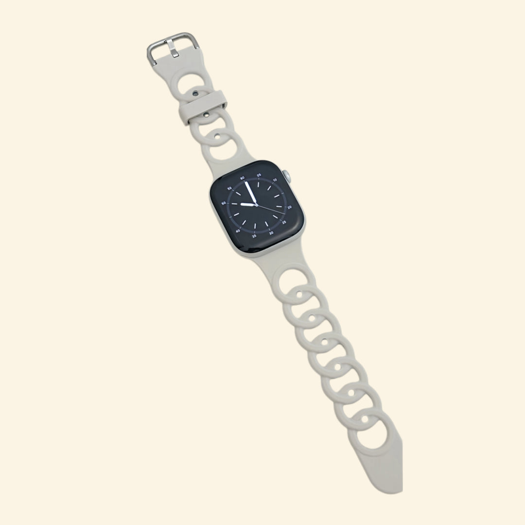 Sand Grey & Slate Blue Cutout Chain Link Band — flat lay showing full strap length and dual-tone chain link detail
