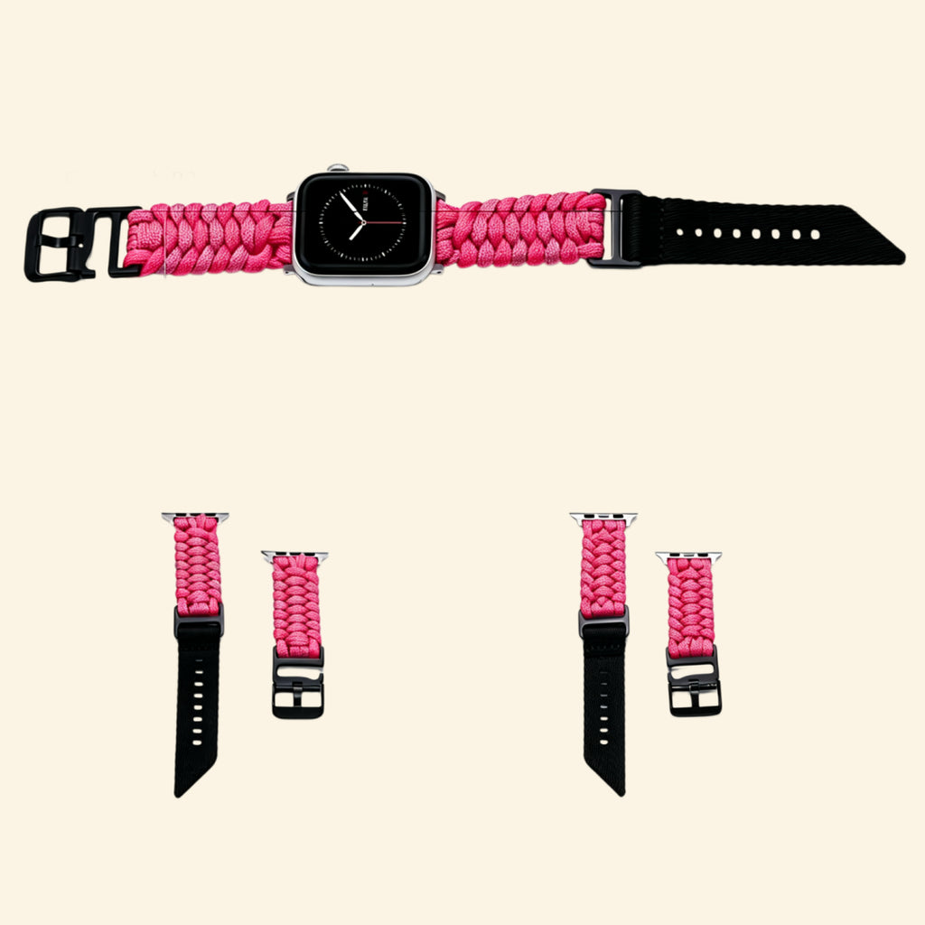 Rose Paracord Braided Apple Watch Band — full band flat lay showing matte black buckle and lugs, Specimen No. 9909