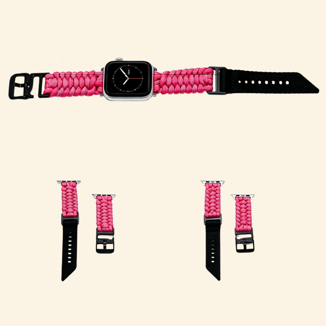 Rose Paracord Braided Apple Watch Band — full band flat lay showing matte black buckle and lugs, Specimen No. 9909