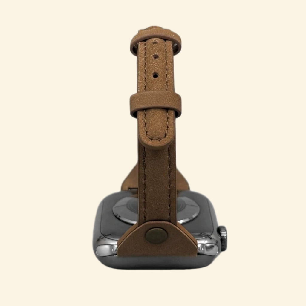 Amber Brown Leather Band — angled side profile on Apple Watch