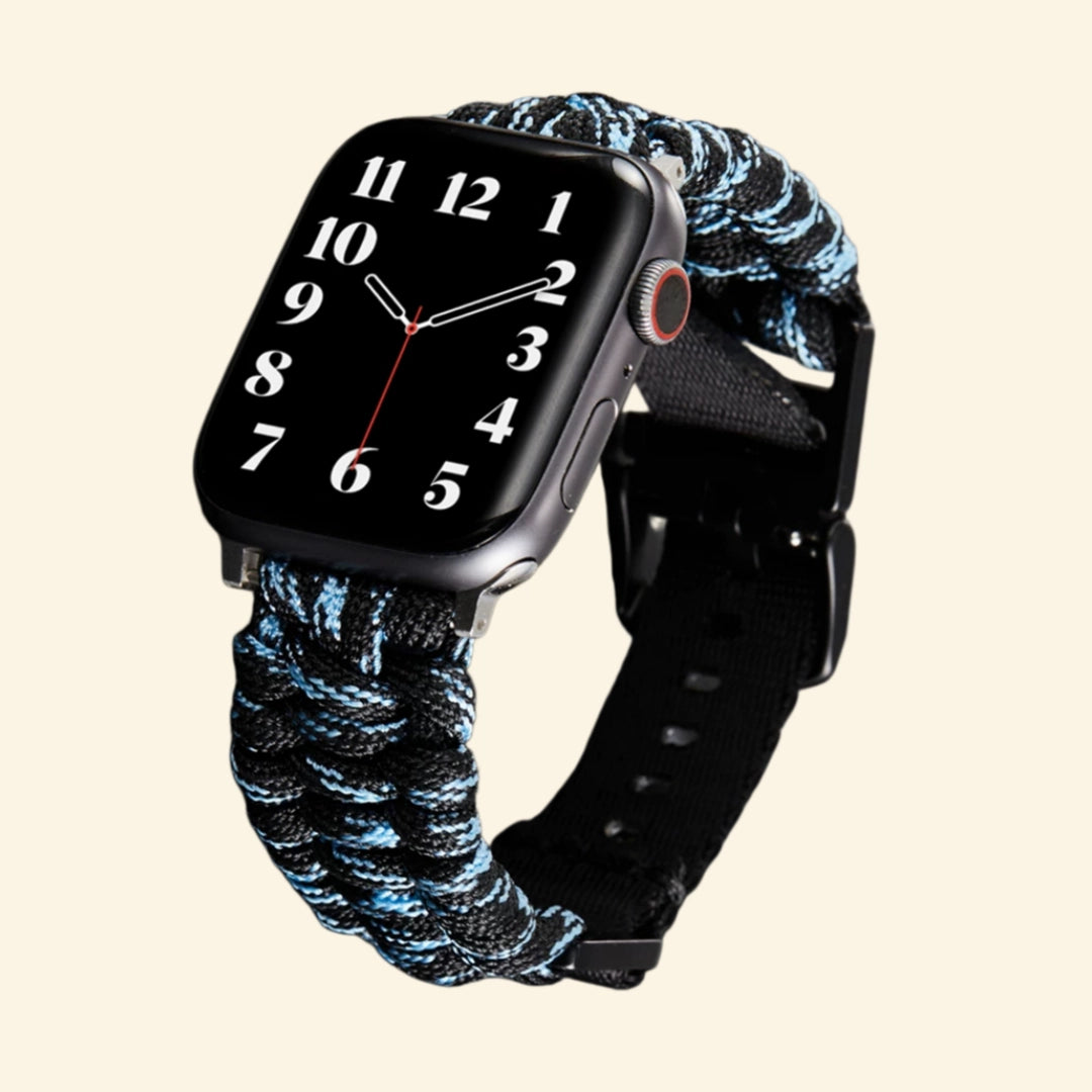 Electric Blue Tracer Paracord Braided Band on Apple Watch Ultra — angled side wrist view