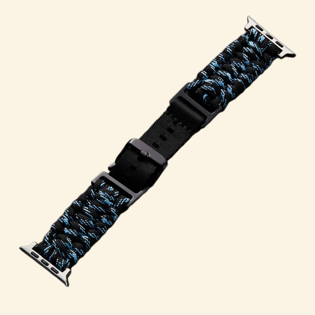 Electric Blue Tracer Paracord Braided Band on Apple Watch — front face angled view