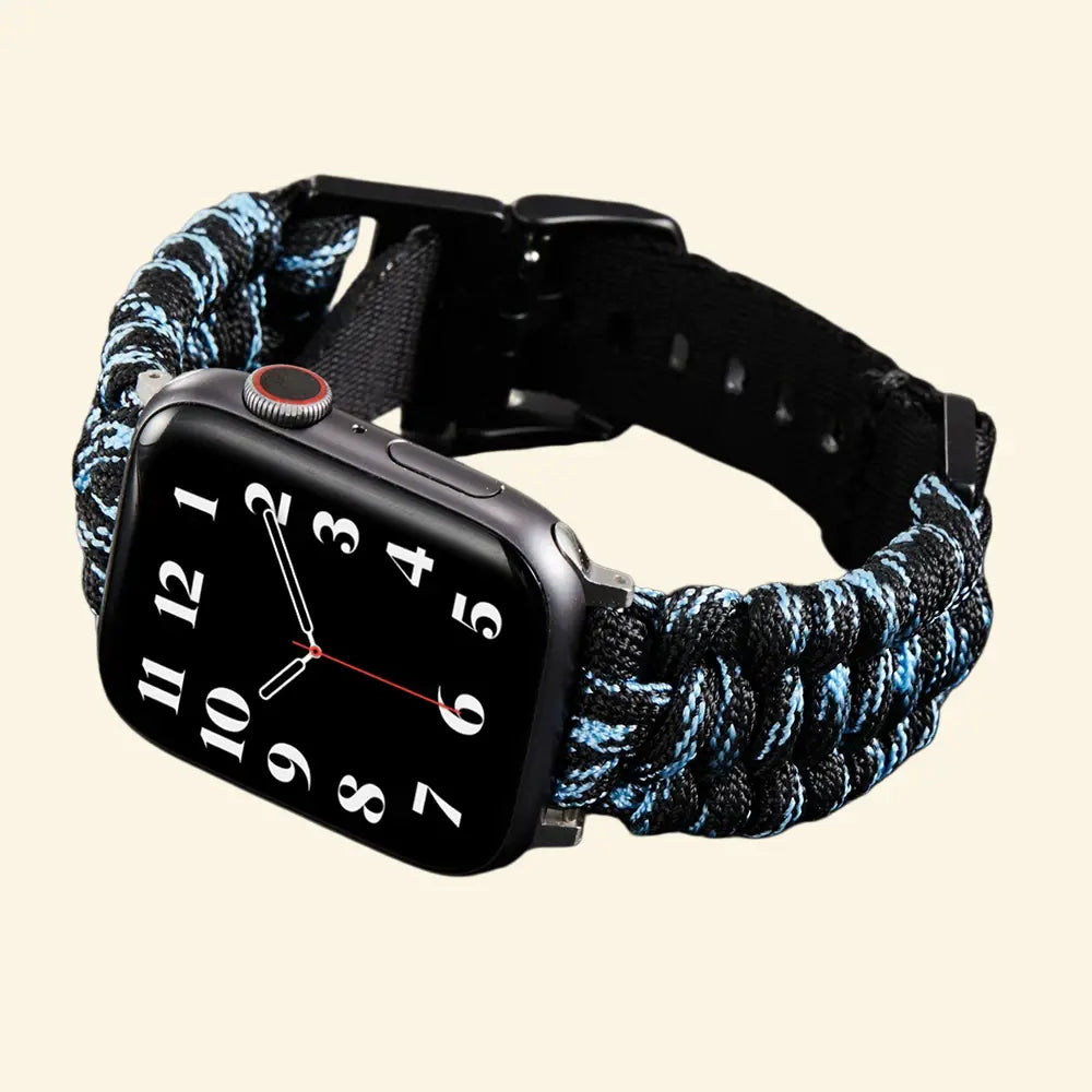 Electric Blue Tracer Paracord Braided Band — flat lay with Apple Watch and size variants top view
