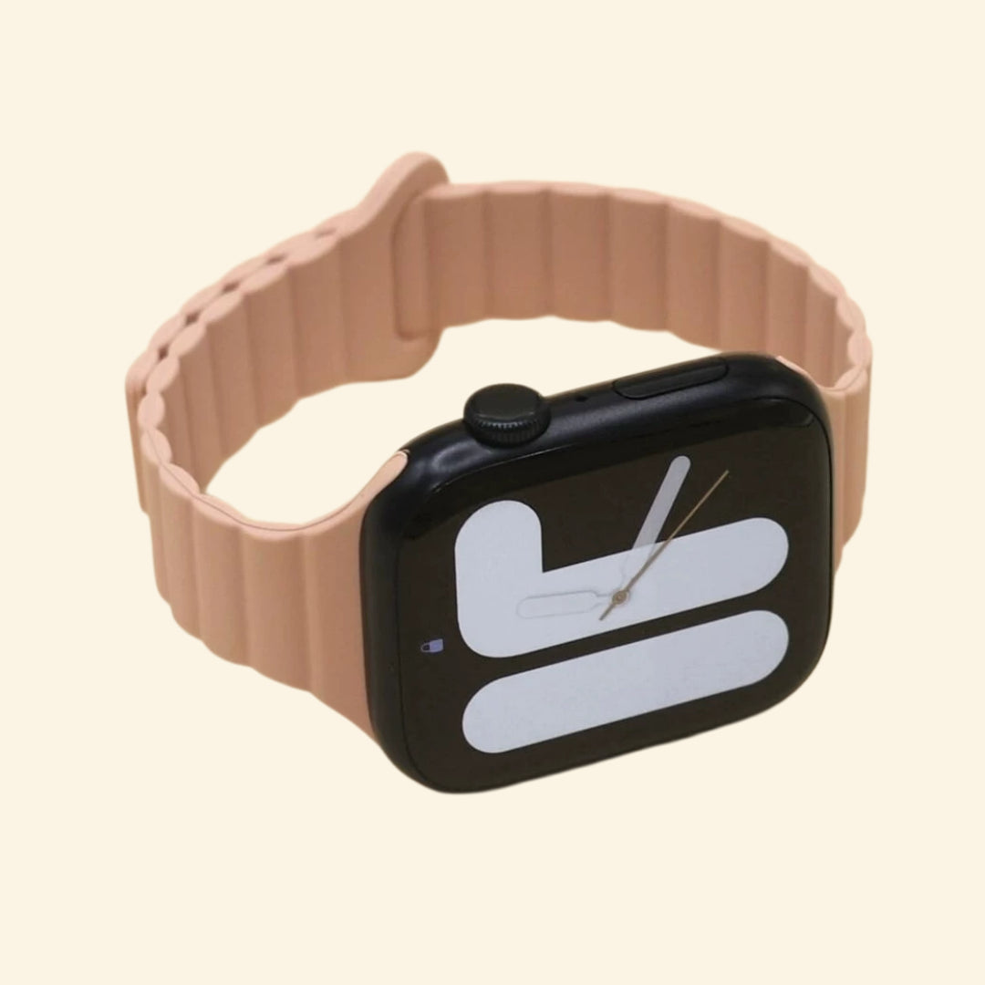 Dusty Nude Pink Magnetic Silicone Band — angled side profile on Apple Watch