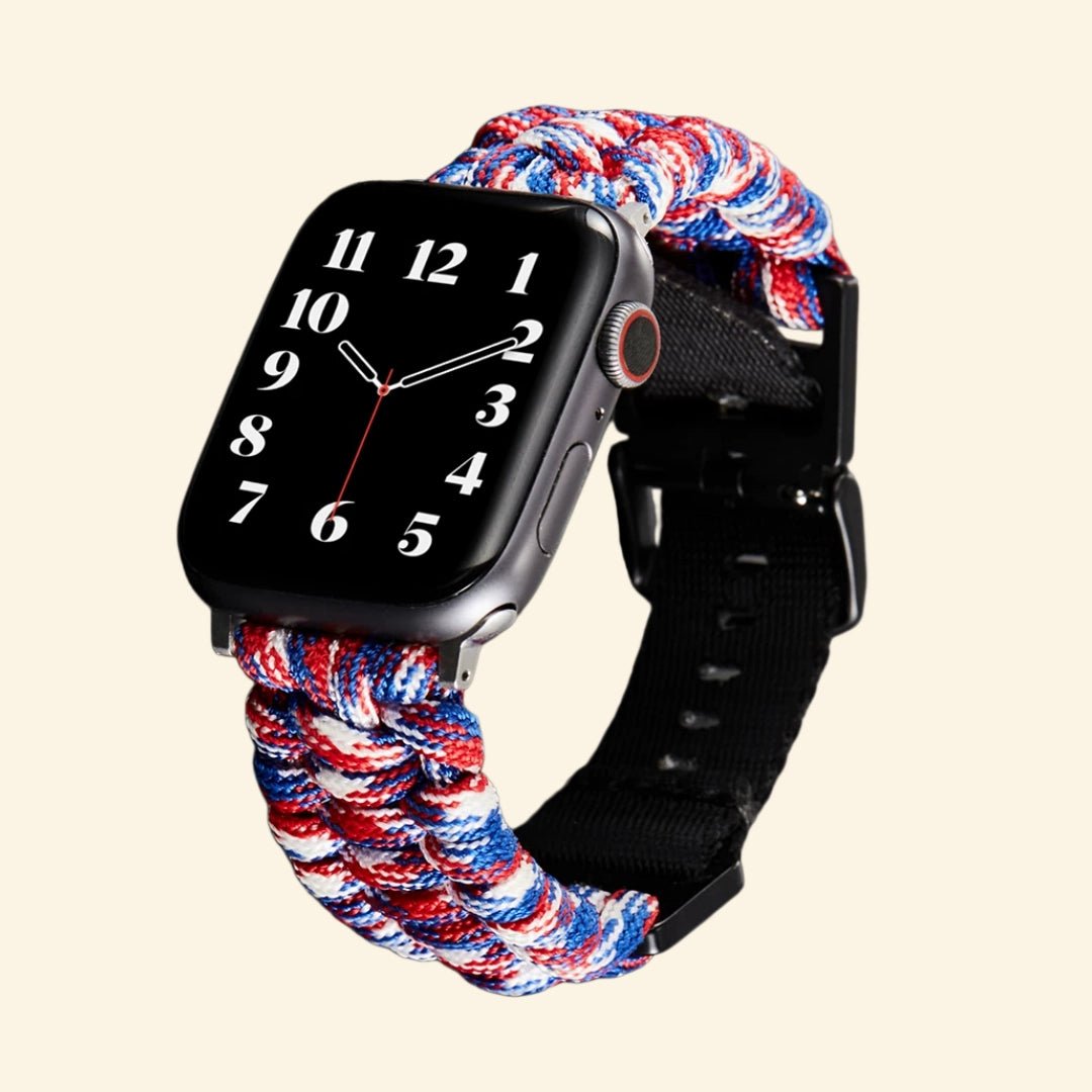 Tricolor Paracord Braided Band for Apple Watch - Carapace StudioWatch BandCarapace StudioCarapace StudioApple Watch Ultra 3 (49mm)Tricolor Red White Blue Paracord Braided Band on Apple Watch Ultra — angled front wrist view