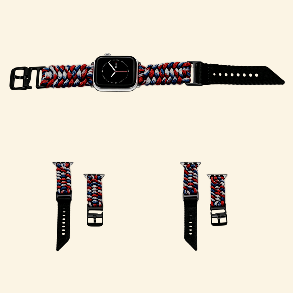 Tricolor Paracord Braided Band for Apple Watch - Carapace StudioWatch BandCarapace StudioCarapace StudioApple Watch Ultra 3 (49mm)Tricolor Red White Blue Paracord Braided Band — full band isolated diagonal view