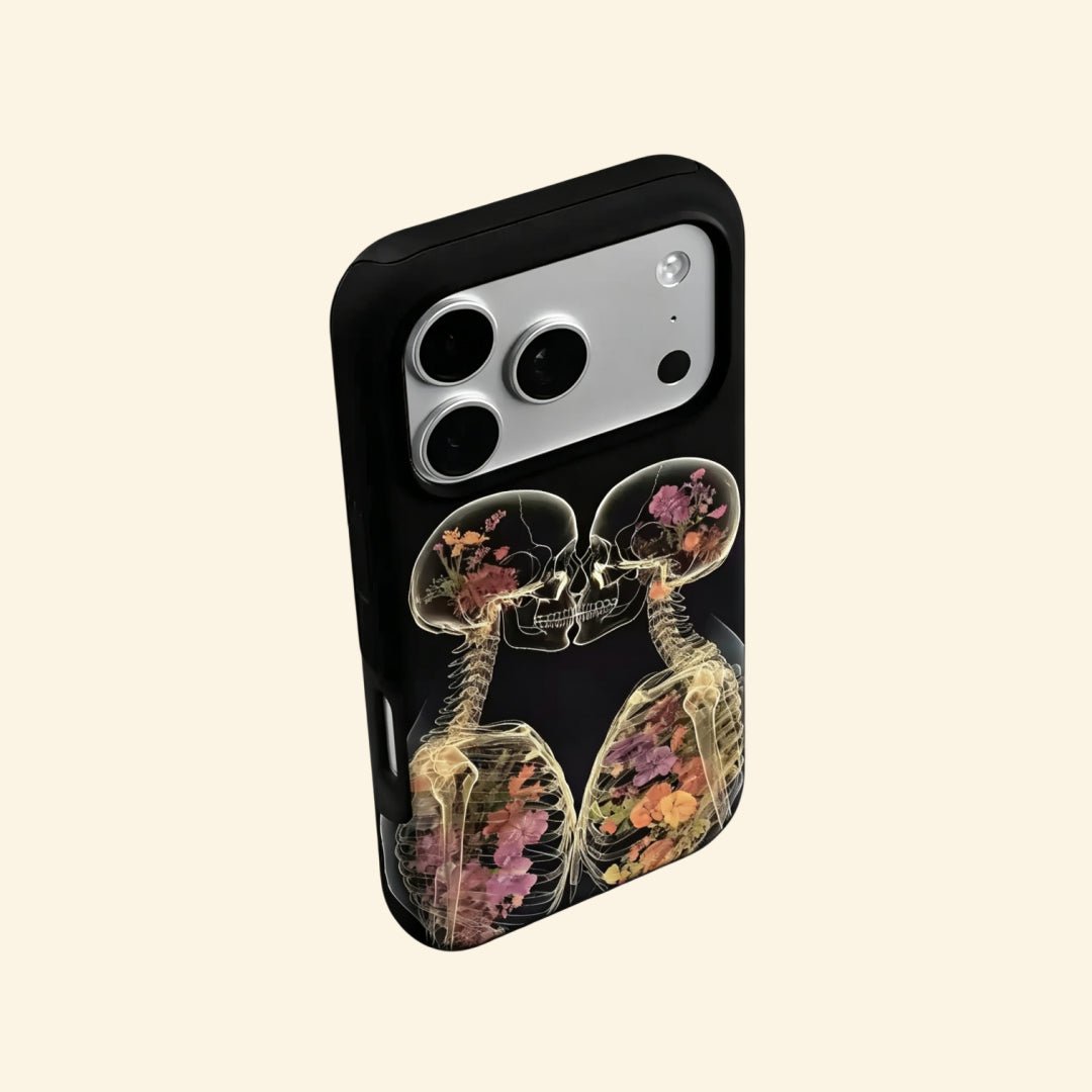 The Eternal Embrace – Kissing Skeletons & Botanical X-Ray iPhone Case - Carapace StudioPhone CaseCarapace StudioCarapace StudioCS-3424-ETERNAL-EMBRACE-5iPhone 16 Pro MaxThe Eternal Embrace case – front flat lay with side profile showing full botanical skeleton artwork and dual-layer shell