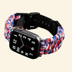 Tricolor Paracord Braided Band for Apple Watch - Carapace StudioWatch BandCarapace StudioCarapace StudioApple Watch Ultra 3 (49mm)Tricolor Red White Blue Paracord Braided Band — flat lay with Apple Watch and size variants top view