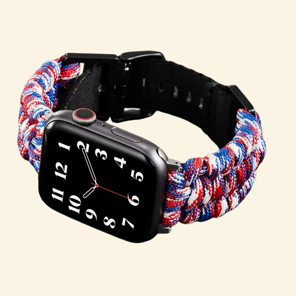 Tricolor Paracord Braided Band for Apple Watch - Carapace StudioWatch BandCarapace StudioCarapace StudioApple Watch Ultra 3 (49mm)Tricolor Red White Blue Paracord Braided Band — flat lay with Apple Watch and size variants top view
