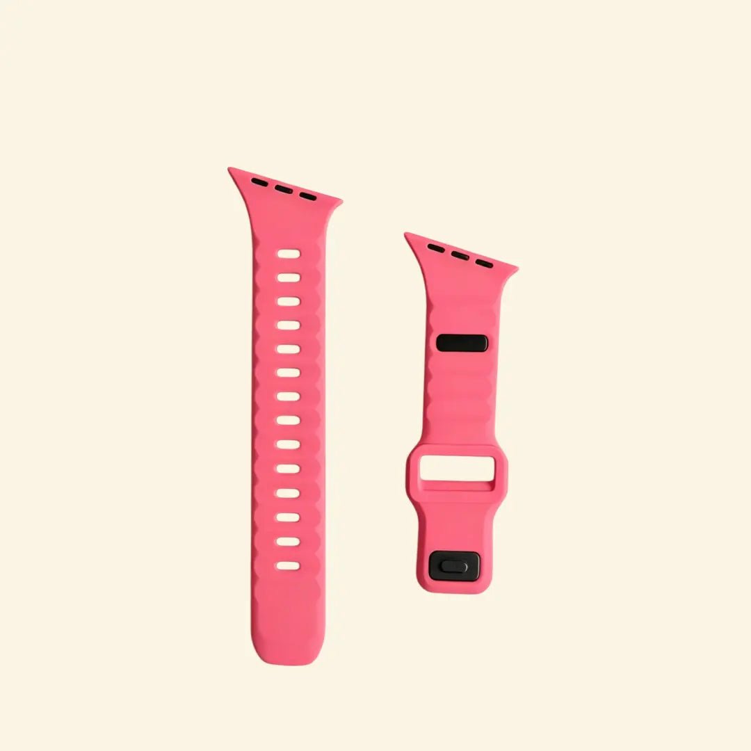 Monochrome Ocean Wave Silicone Apple Watch Band — Specimen No. 7588 - Carapace StudioApple Watch BandCarapace StudioCarapace StudioCS-7588-CRL-1Apple Watch Ultra 3 (49mm)Electric Coral Ocean Wave Apple Watch Band — angled wrist view showing wave texture