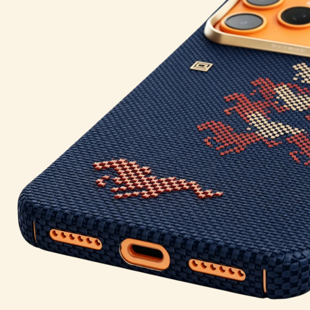 Specimen No. 10548 Navy Steed Aramid iPhone Case — bottom USB-C port detail in navy
