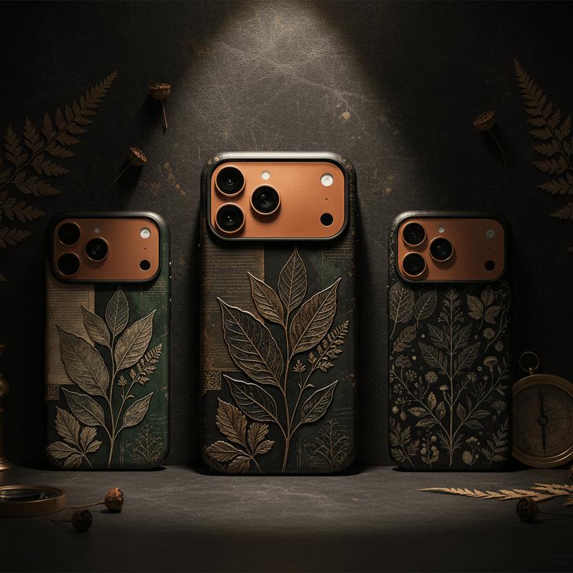 Botanical Engraving Phone Case — The Botanist's Study - Carapace StudioPhone CaseCarapace StudioCarapace StudioThree botanical engraving phone cases with Victorian fern and leaf motifs on a dark studio background with brass accessories