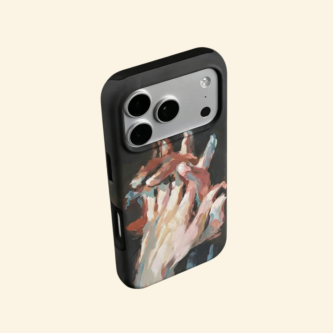 The Silent Touch case – front flat lay with side profile showing full oil painting artwork and dual-layer matte black shell