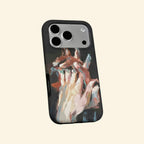 The Silent Touch case – hand-held lifestyle shot showing full intertwined hands impasto oil painting