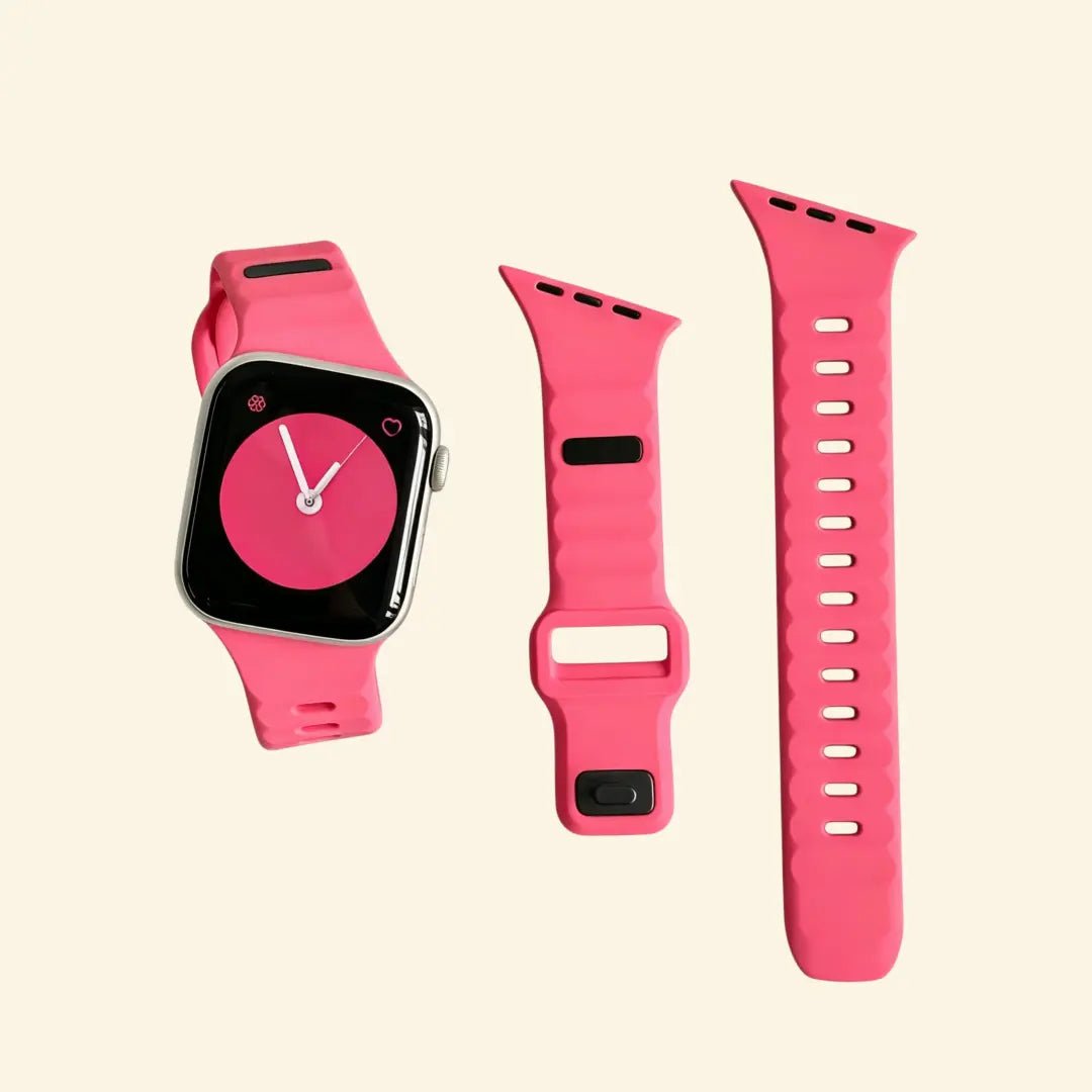Monochrome Ocean Wave Silicone Apple Watch Band — Specimen No. 7588 - Carapace StudioApple Watch BandCarapace StudioCarapace StudioCS-7588-CRL-1Apple Watch Ultra 3 (49mm)Electric Coral Ocean Wave Apple Watch Band — band pieces detail on cream background