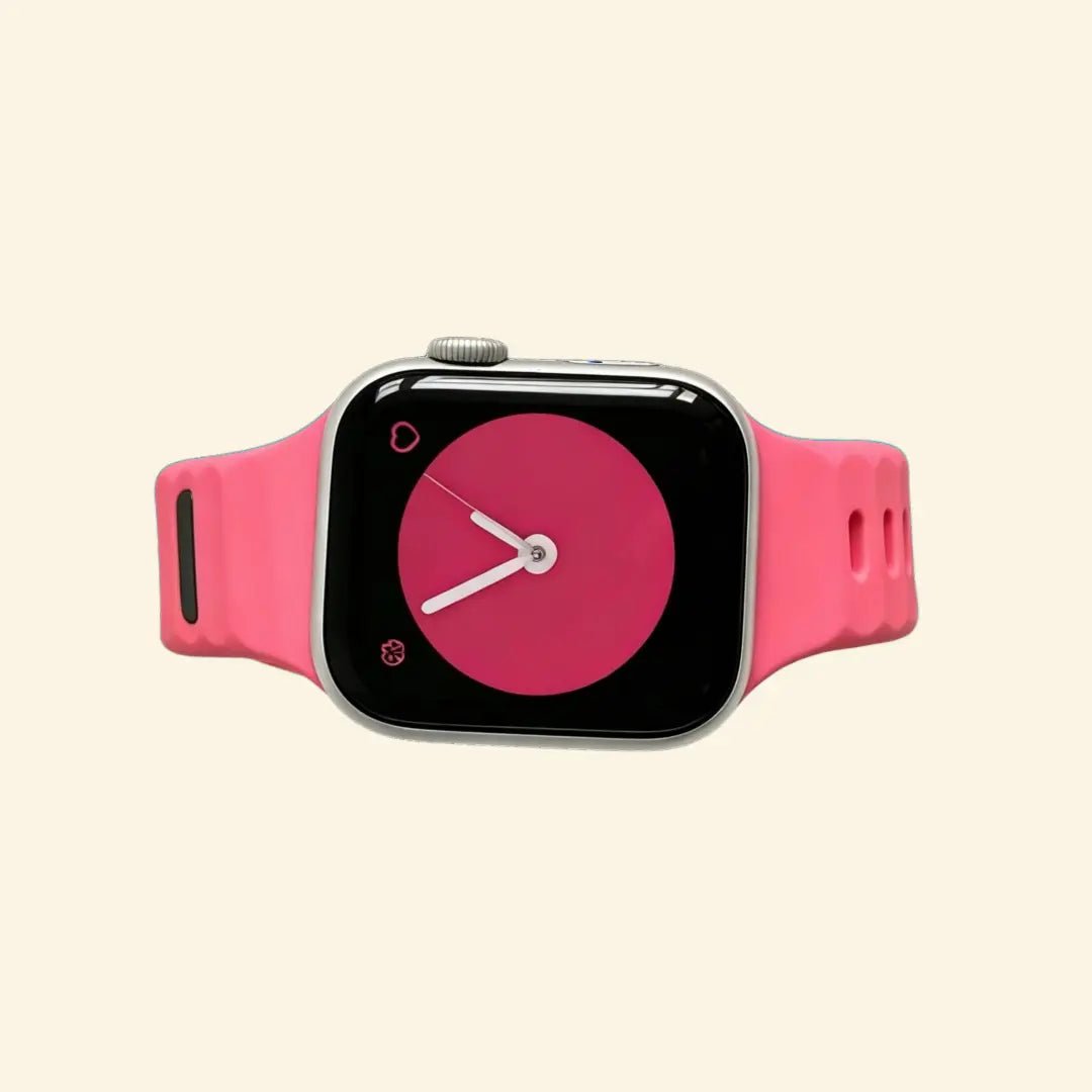 Monochrome Ocean Wave Silicone Apple Watch Band — Specimen No. 7588 - Carapace StudioApple Watch BandCarapace StudioCarapace StudioCS-7588-CRL-1Apple Watch Ultra 3 (49mm)Electric Coral Ocean Wave Apple Watch Band — flat lay with watch and band components