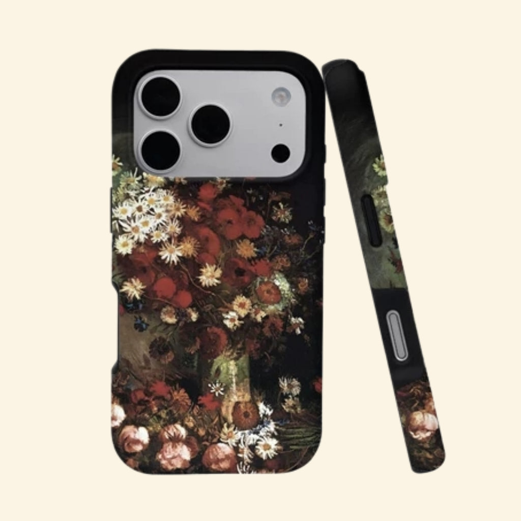 The Dutch Bouquet case – angled floating view showing rich Dutch Master floral still life with crimson poppies and daisies on matte black