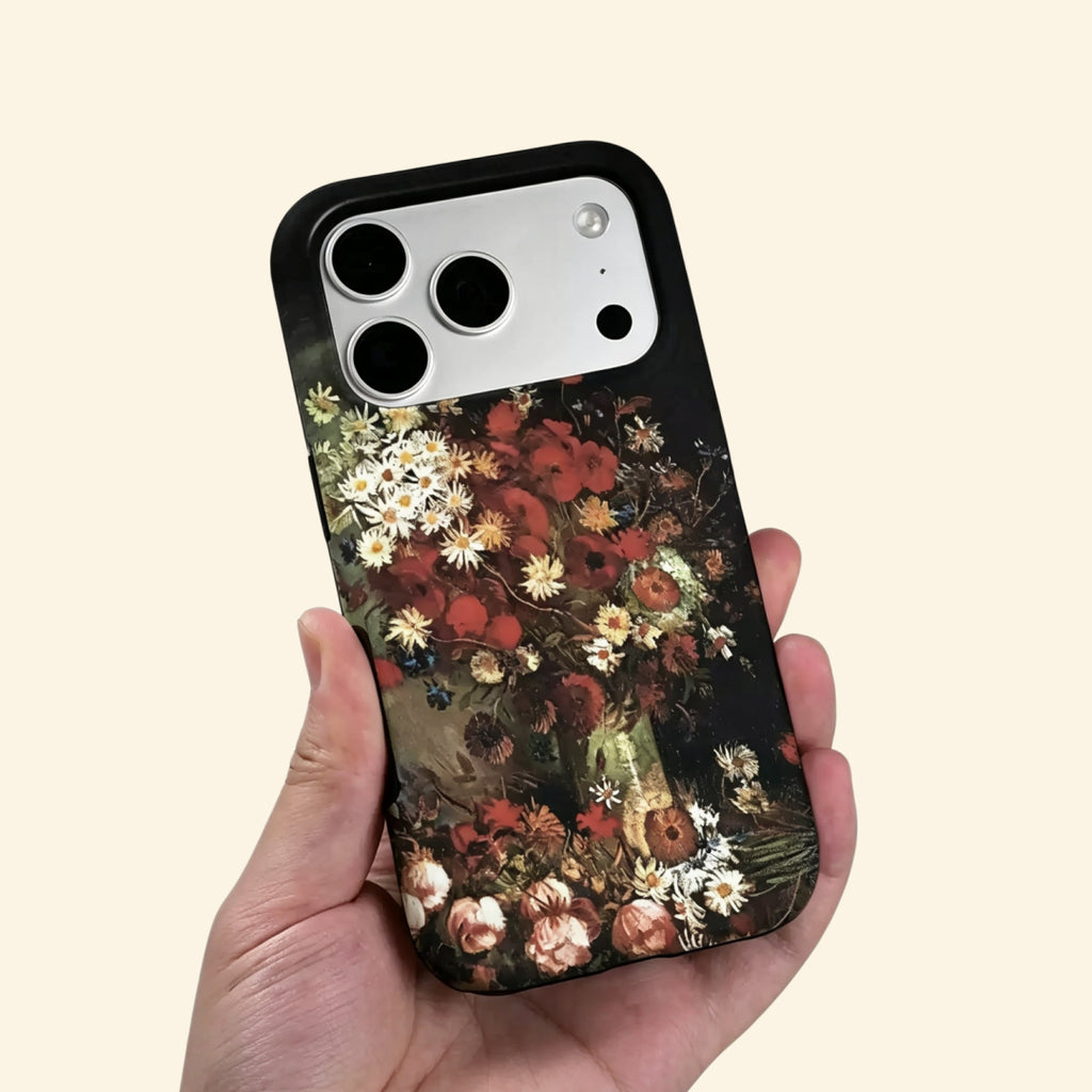 The Dutch Bouquet case – second angled floating view showing full baroque bouquet with weathered vase and botanical blooms
