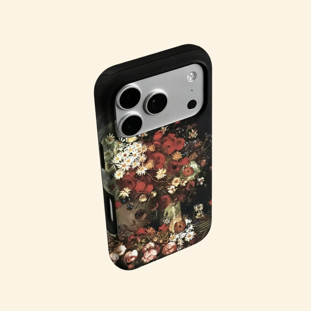 The Dutch Bouquet case – flat lay back and side profile showing full oil painting still life and dual-layer matte black shell