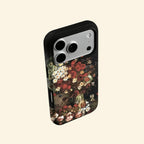 The Dutch Bouquet case – flat lay back and side profile showing full oil painting still life and dual-layer matte black shell