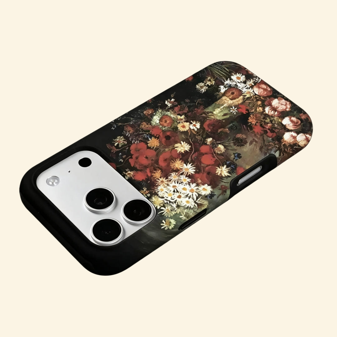 The Dutch Bouquet case – low-angle side floating view showing camera island and Dutch Master floral still life detail