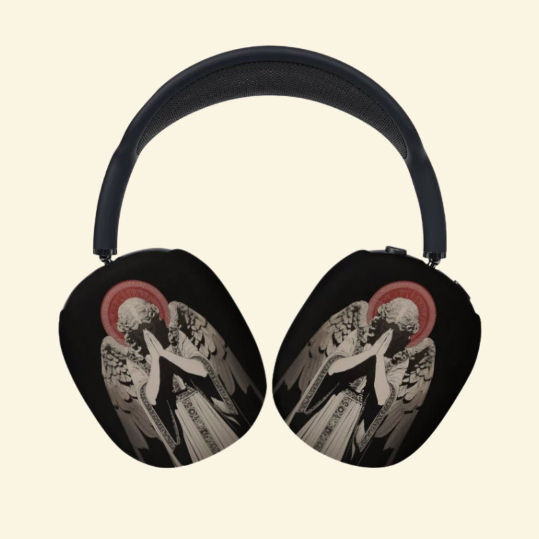 The Praying Seraph — Sorrowful Angel Ear Cup Enclosure for AirPods Max (1st & 2nd Gen) - Carapace StudioAirPods Max AccessoriesCarapace StudioCarapace StudioCS-052-ANGELUS-ORANS-V2The Praying Seraph — side angle view showing the sorrowful angel ear cup enclosure on AirPods Max