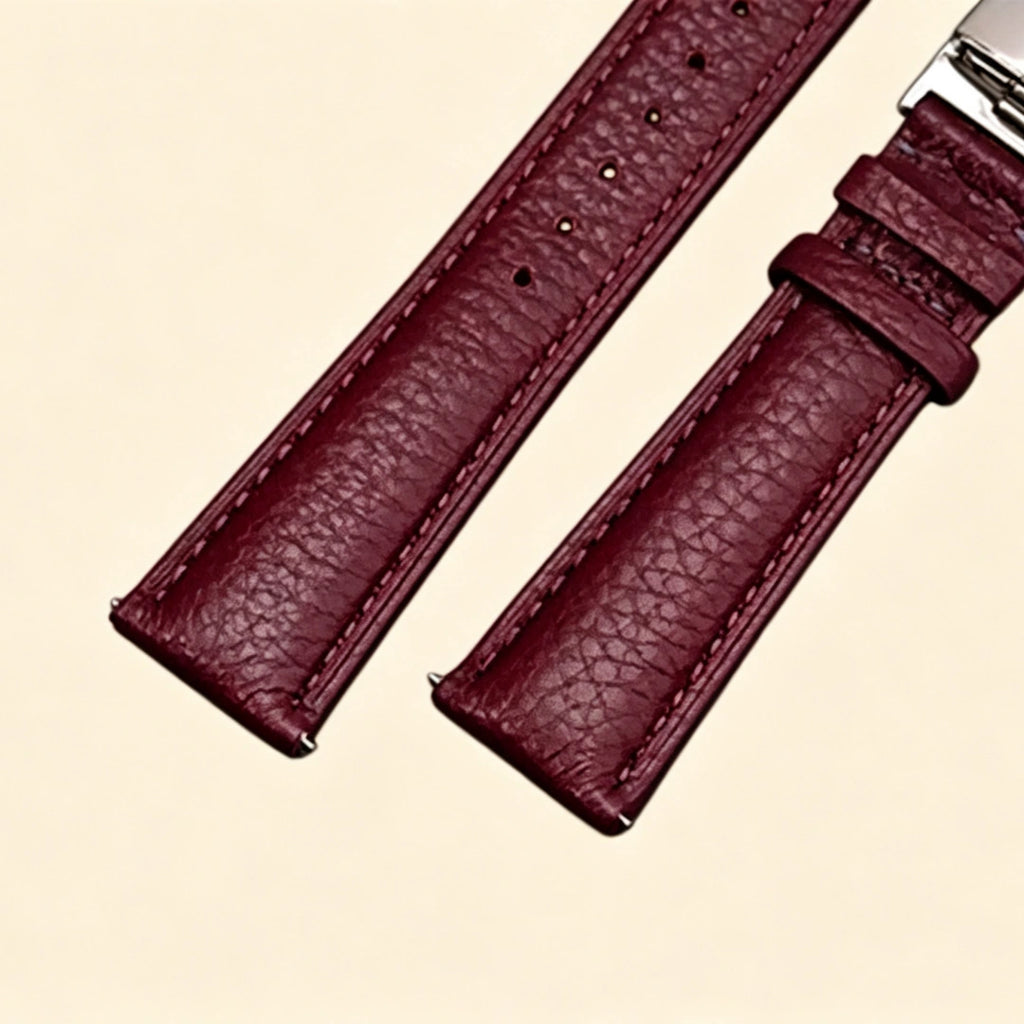 Burgundy pebble-grained leather Apple Watch strap — diagonal close-up showing stainless steel butterfly deployment clasp open, double-push button mechanism detail