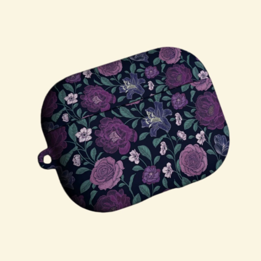 The Midnight Lily — Vintage Gothic Purple Botanical Hard Case for AirPods Pro 3 & AirPods 4 - Carapace StudioAirPods CaseCarapace StudioCarapace StudioAirPods Pro 3Midnight Lily AirPods case top view