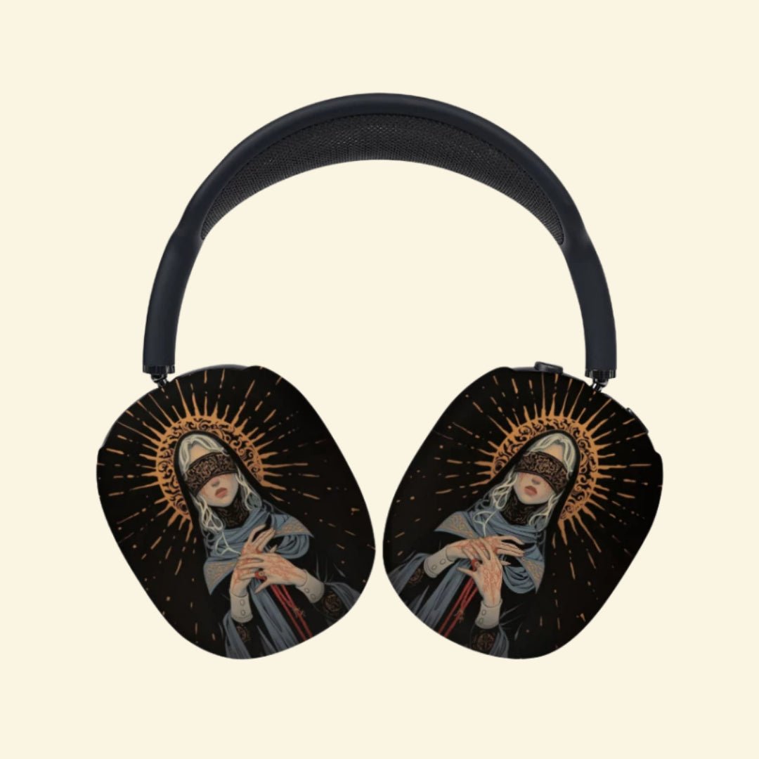 The Veiled Oracle — Blindfolded Saint Ear Cup Enclosure for AirPods Max (1st & 2nd Gen) - Carapace StudioAirPods Max AccessoriesCarapace StudioCarapace StudioCS-033-SANCTA-CAECA-V2The Veiled Oracle — side angle view showing the blindfolded saint ear cup enclosure on AirPods Max